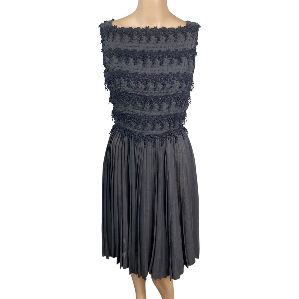 Vintage 50s Carlye Black Pintuck Lace Fit Flare Dress Box Pleat Metal Zip XS